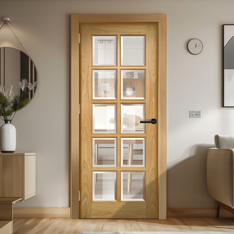 EasiKit Internal Door and Frame Kit - All Fittings Included - Bristol Oak Unfinished Internal Door - 10 Pane Clear Bevelled Glass
