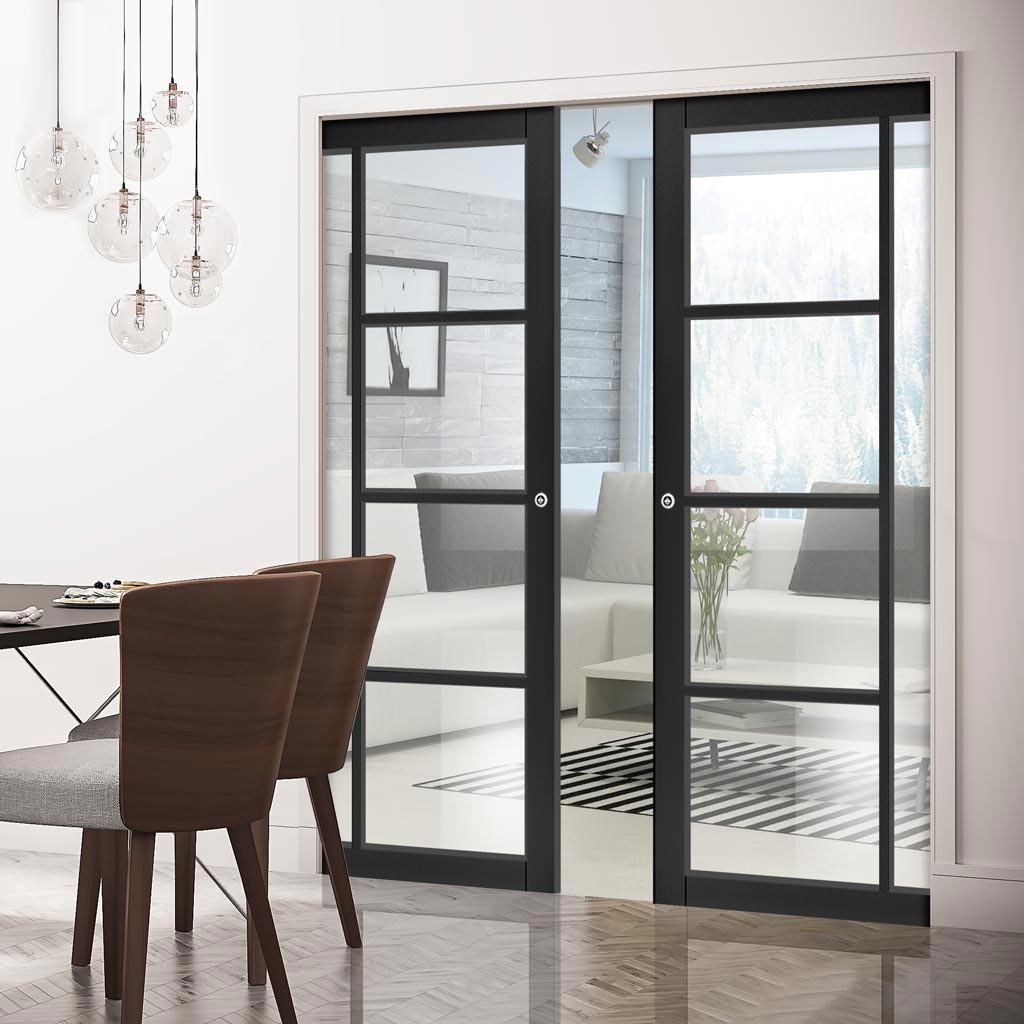 Brixton Black Double Evokit Pocket Doors - Prefinished - Clear Glass - Urban Collection