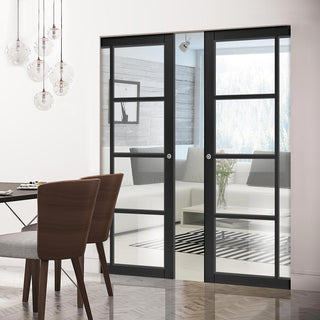 Image: Brixton Black Double Absolute Evokit Double Pocket Door - Prefinished - Clear Glass - Urban Collection