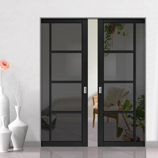 Image: Brixton Black Double Absolute Evokit Double Pocket Door - Prefinished - Tinted Glass - Urban Collection