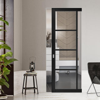 Image: Brixton Black Single Evokit Pocket Door - Prefinished - Clear Glass - Urban Collection