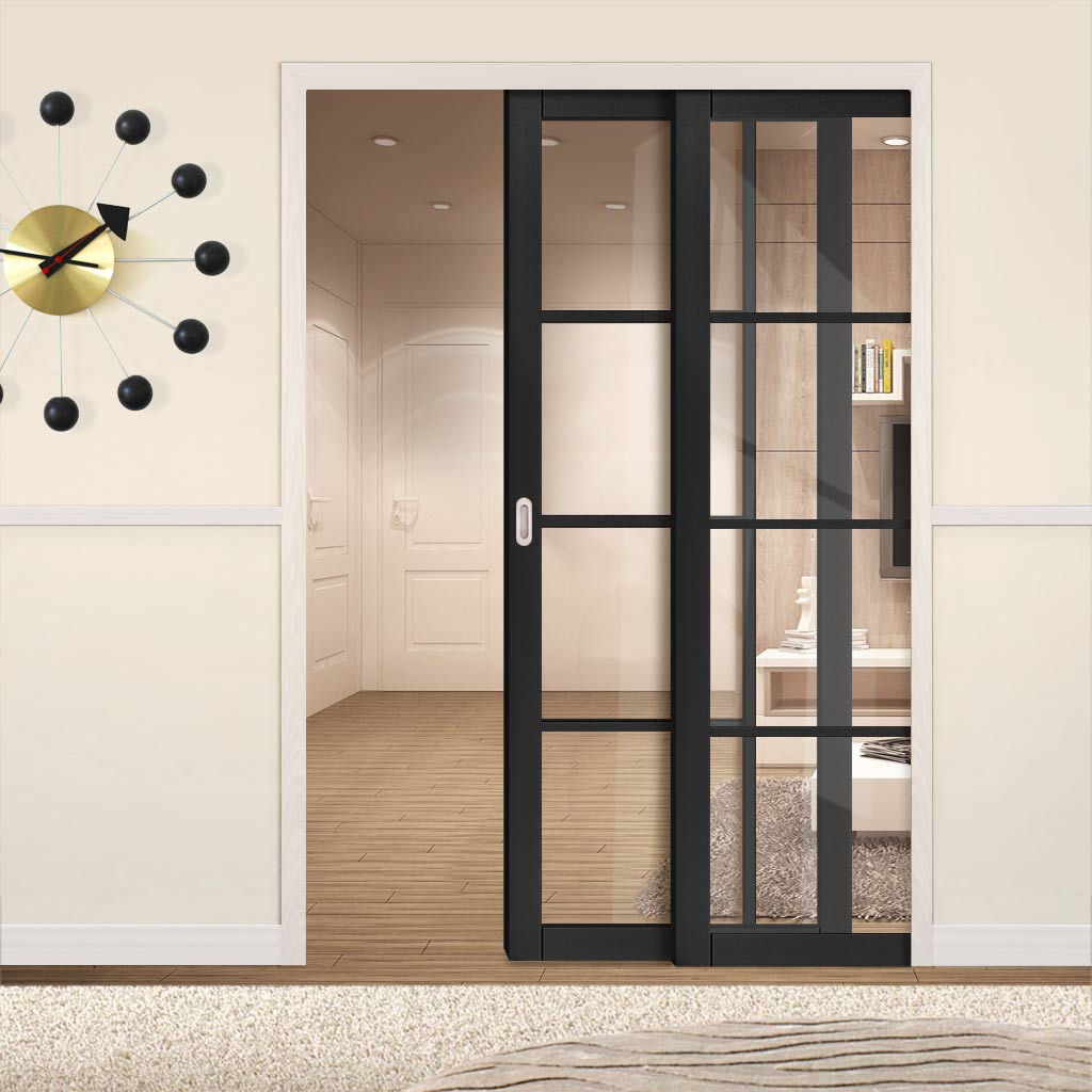 Brixton Black Staffetta Twin Telescopic Pocket Door - Prefinished - Clear Glass - Urban Collection