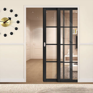 Image: Brixton Black Staffetta Twin Telescopic Pocket Door - Prefinished - Clear Glass - Urban Collection