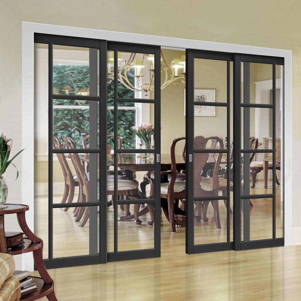 Brixton Black Staffetta Quad Telescopic Pocket Door - Prefinished - Clear Glass - Urban Collection