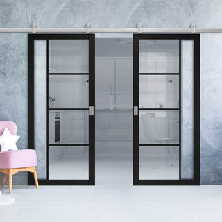 Image: Top Mounted Stainless Steel Sliding Track & Brixton Black Double Door - Prefinished - Clear Glass - Urban Collection