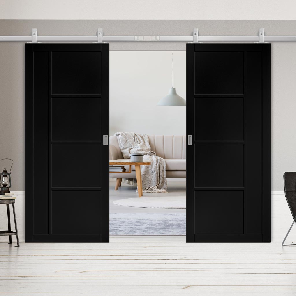 Top Mounted Stainless Steel Sliding Track & Brixton Black Double Door - Prefinished - Urban Collection