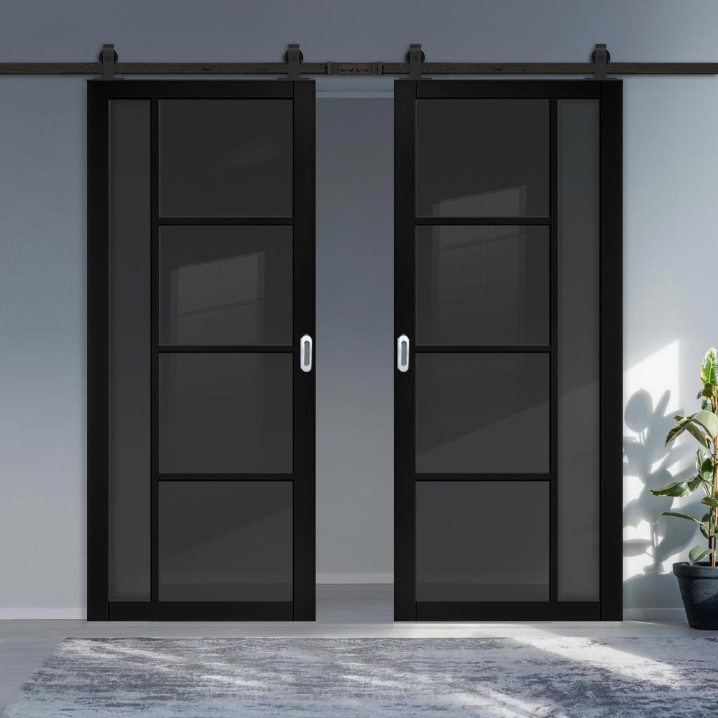 Top Mounted Sliding Track & Brixton Black Double Door - Prefinished - Tinted Glass - Urban Collection