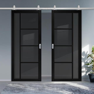 Image: Top Mounted Stainless Steel Sliding Track & Brixton Black Double Door - Prefinished - Tinted Glass - Urban Collection