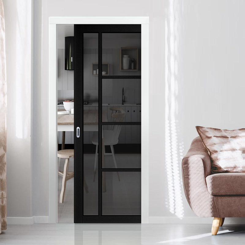 Brixton Black Single Evokit Pocket Door - Prefinished - Tinted Glass - Urban Collection