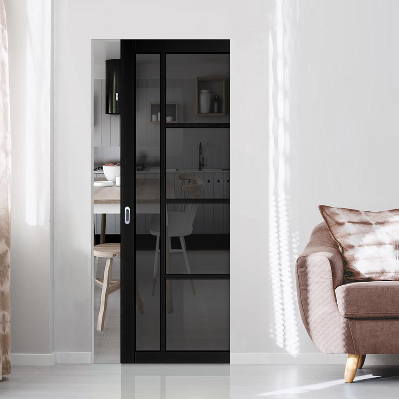 Brixton Black Single Absolute Evokit Pocket Door - Prefinished - Tinted Glass - Urban Collection