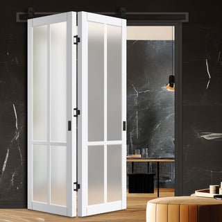 Image: SpaceEasi Top Mounted Black Folding Track & Double Door - Eco-Urban® Bronx 4 Pane Solid Wood Door DD6315SG - Frosted Glass - Premium Primed Colour Options