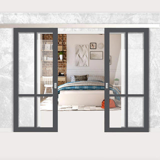 Image: Double Sliding Door & Premium Wall Track - Eco-Urban® Bronx 4 Pane Doors DD6315G - Clear Glass - 6 Colour Options