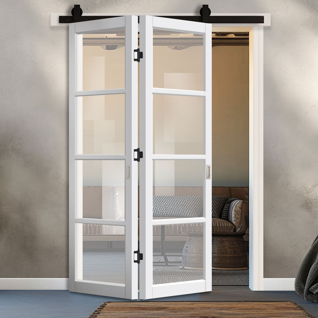 SpaceEasi Top Mounted Black Folding Track & Double Door - Eco-Urban® Brooklyn 4 Pane Solid Wood Door DD6308G - Clear Glass - Premium Primed Colour Options