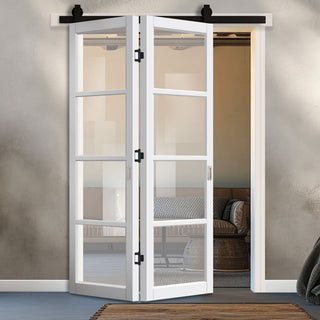 Image: SpaceEasi Top Mounted Black Folding Track & Double Door - Eco-Urban® Brooklyn 4 Pane Solid Wood Door DD6308G - Clear Glass - Premium Primed Colour Options