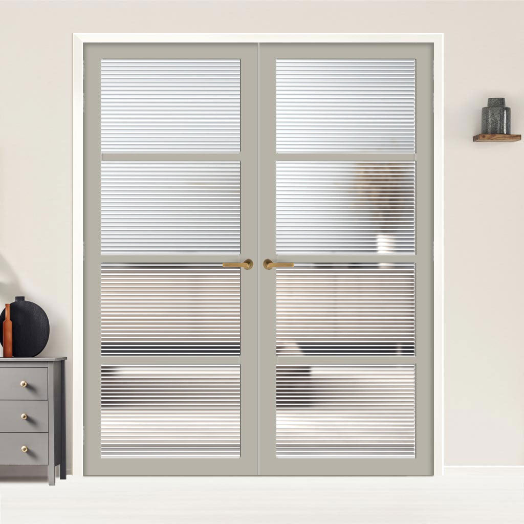 Brooklyn 4 Pane Solid Wood Internal Door Pair UK Made DD6308 - Clear Reeded Glass - Eco-Urban® Mist Grey Premium Primed