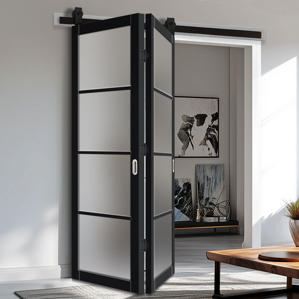 SpaceEasi Top Mounted Black Folding Track & Double Door - Eco-Urban® Brooklyn 4 Pane Solid Wood Door DD6308SG - Frosted Glass - Premium Primed Colour Options