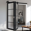 SpaceEasi Top Mounted Black Folding Track & Double Door - Eco-Urban® Brooklyn 4 Pane Solid Wood Door DD6308SG - Frosted Glass - Premium Primed Colour Options