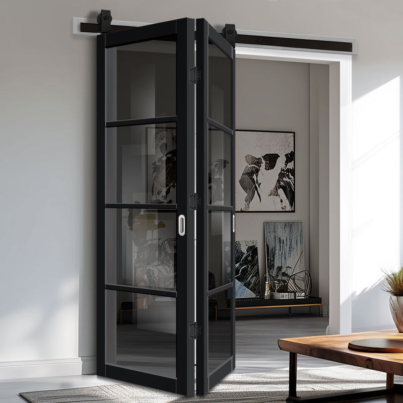 Sliding Top Mounted Black Folding Track & Double Door - Handcrafted Eco-Urban Brooklyn 4 Pane Solid Wood Door DD6308 - Tinted Glass - Premium Primed Colour Options