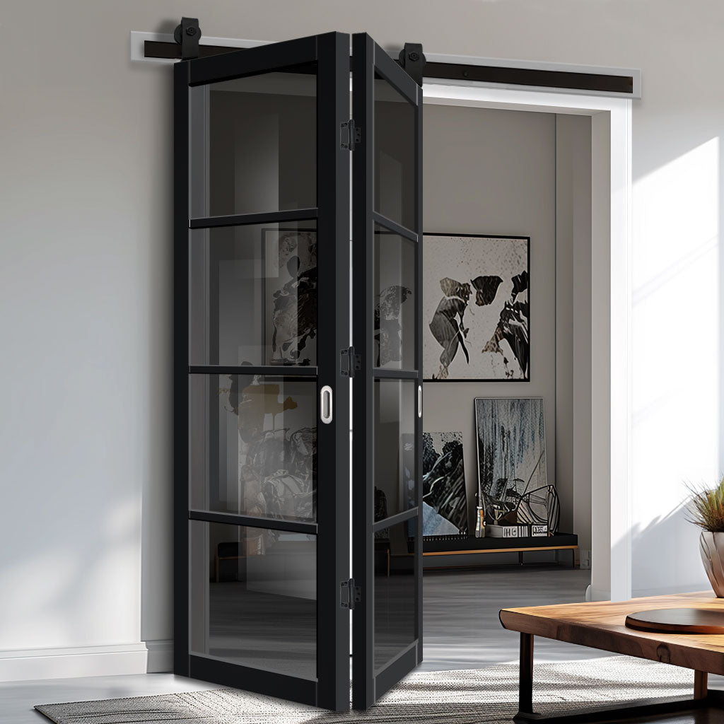 SpaceEasi Top Mounted Black Folding Track & Double Door - Handcrafted Eco-Urban Brooklyn 4 Pane Solid Wood Door DD6308 - Tinted Glass - Premium Primed Colour Options