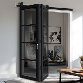 Image: SpaceEasi Top Mounted Black Folding Track & Double Door - Handcrafted Eco-Urban Brooklyn 4 Pane Solid Wood Door DD6308 - Tinted Glass - Premium Primed Colour Options