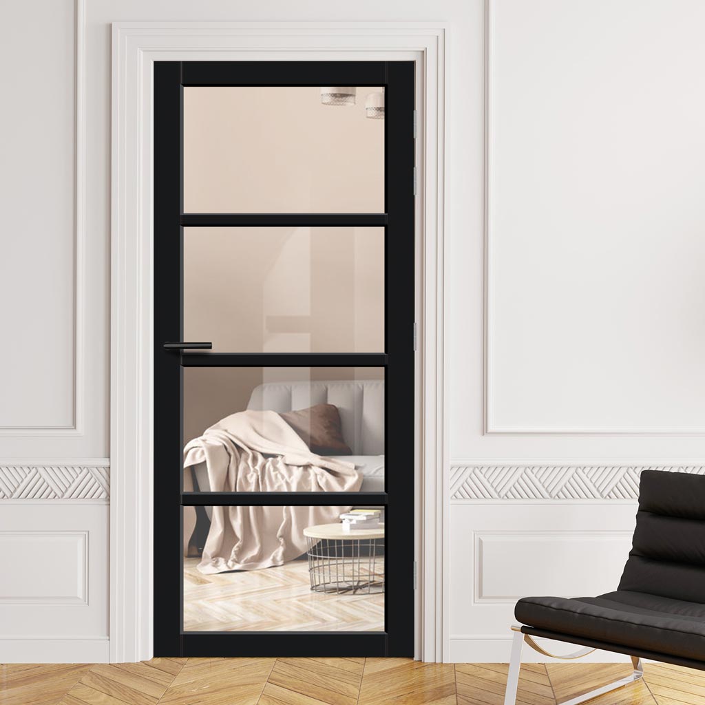 Brooklyn 4 Pane Solid Wood Internal Door UK Made DD6308G - Clear Glass - Eco-Urban® Shadow Black Premium Primed