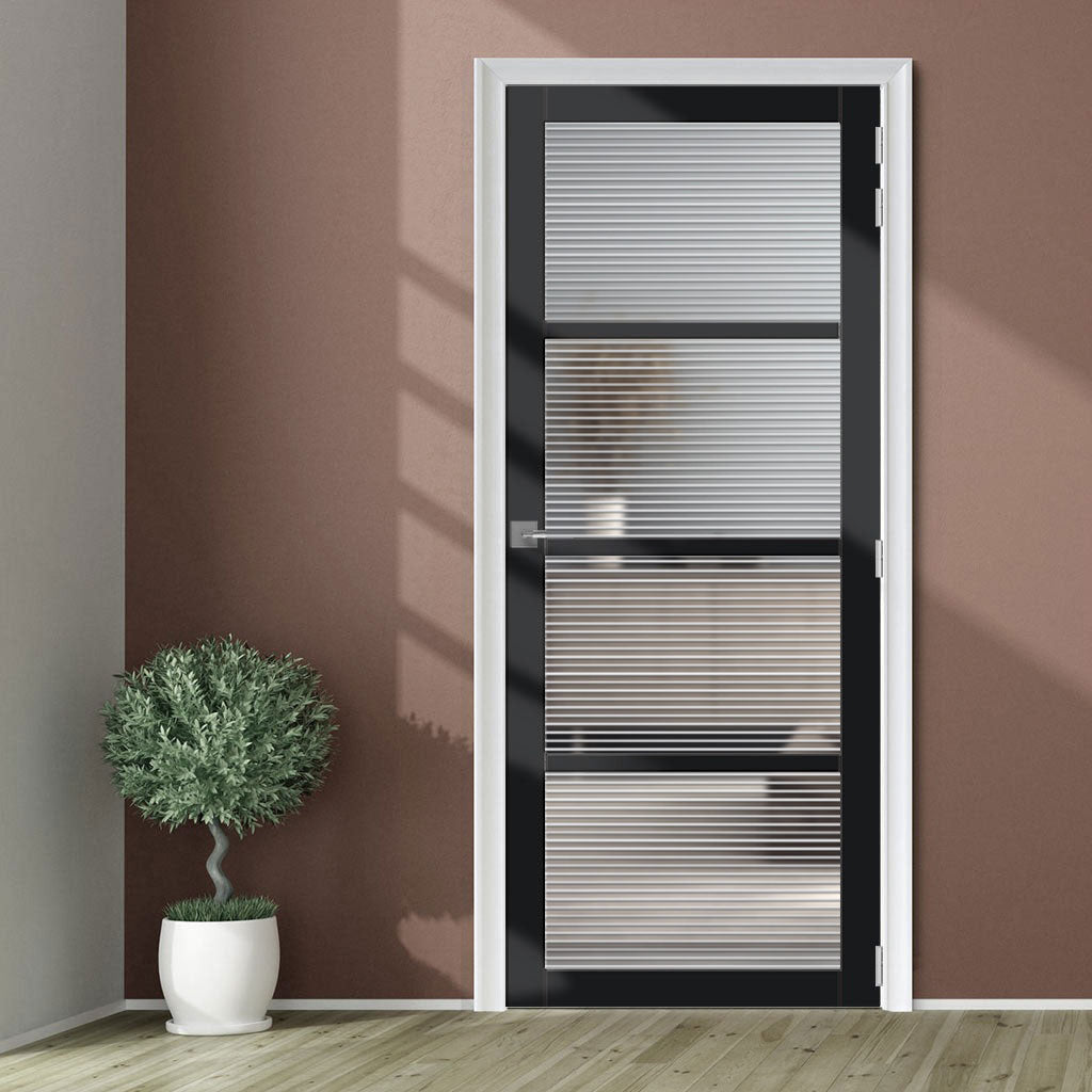 Brooklyn 4 Pane Solid Wood Internal Door UK Made DD6308 - Clear Reeded Glass - Eco-Urban® Shadow Black Premium Primed