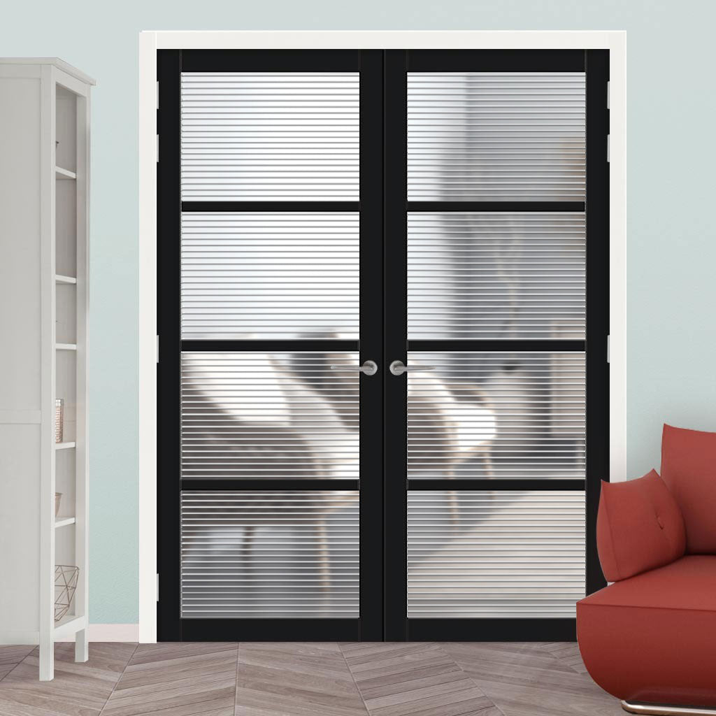 Brooklyn 4 Pane Solid Wood Internal Door Pair UK Made DD6308 - Clear Reeded Glass - Eco-Urban® Shadow Black Premium Primed