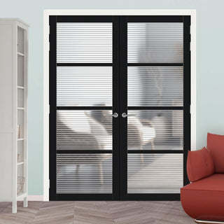 Image: Brooklyn 4 Pane Solid Wood Internal Door Pair UK Made DD6308 - Clear Reeded Glass - Eco-Urban® Shadow Black Premium Primed