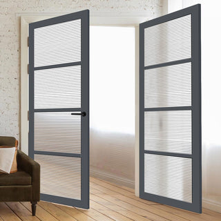 Image: Brooklyn 4 Pane Solid Wood Internal Door Pair UK Made DD6308 - Clear Reeded Glass - Eco-Urban® Stormy Grey Premium Primed