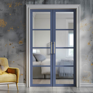 Image: Brooklyn 4 Pane Solid Wood Internal Door Pair UK Made DD6308 - Clear Reeded Glass - Eco-Urban® Heather Blue Premium Primed