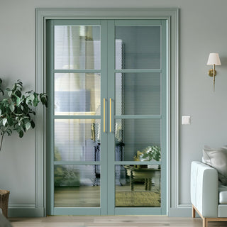 Image: Brooklyn 4 Pane Solid Wood Internal Door Pair UK Made DD6308 - Clear Reeded Glass - Eco-Urban® Sage Sky Premium Primed