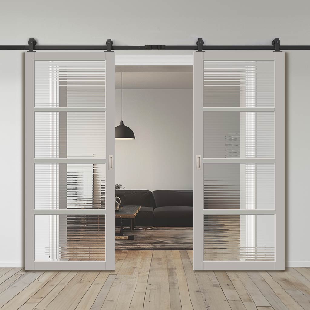 Top Mounted Black Sliding Track & Solid Wood Double Doors - Eco-Urban Brooklyn 4 Pane Doors DD6308 - Clear Reeded Glass - Mist Grey Premium Primed