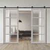 Top Mounted Black Sliding Track & Solid Wood Double Doors - Eco-Urban Brooklyn 4 Pane Doors DD6308 - Clear Reeded Glass - Mist Grey Premium Primed