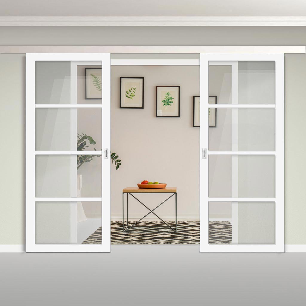 Double Sliding Door & Premium Wall Track - Eco-Urban® Brooklyn 4 Pane Doors DD6308G - Clear Glass - 6 Colour Options