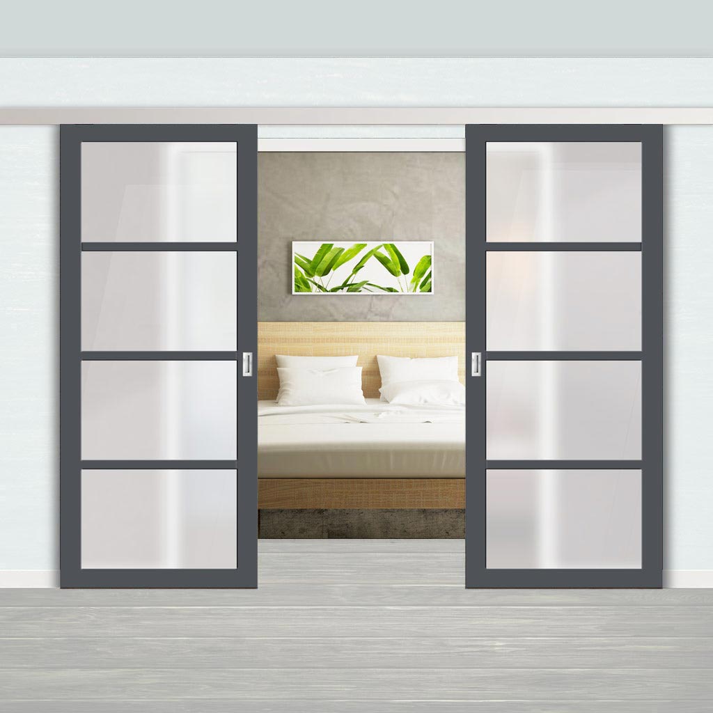 Double Sliding Door & Premium Wall Track - Eco-Urban® Brooklyn 4 Pane Doors DD6308SG - Frosted Glass - 6 Colour Options