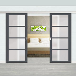 Image: Double Sliding Door & Premium Wall Track - Eco-Urban® Brooklyn 4 Pane Doors DD6308SG - Frosted Glass - 6 Colour Options