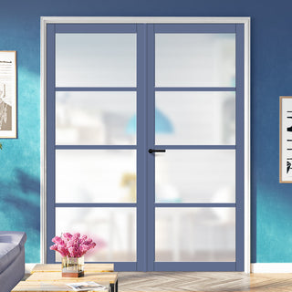 Image: Eco-Urban Brooklyn 4 Pane Solid Wood Internal Door Pair UK Made DD6308SG - Frosted Glass - Eco-Urban® Heather Blue Premium Primed