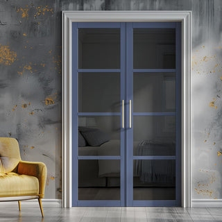 Image: Brooklyn 4 Pane Solid Wood Internal Door Pair UK Made DD6308 - Tinted Glass - Eco-Urban® Heather Blue Premium Primed