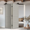 SpaceEasi Top Mounted Black Folding Track & Double Door - Eco-Urban® Brooklyn 4 Panel Solid Wood Door DD6307 - Premium Primed Colour Options
