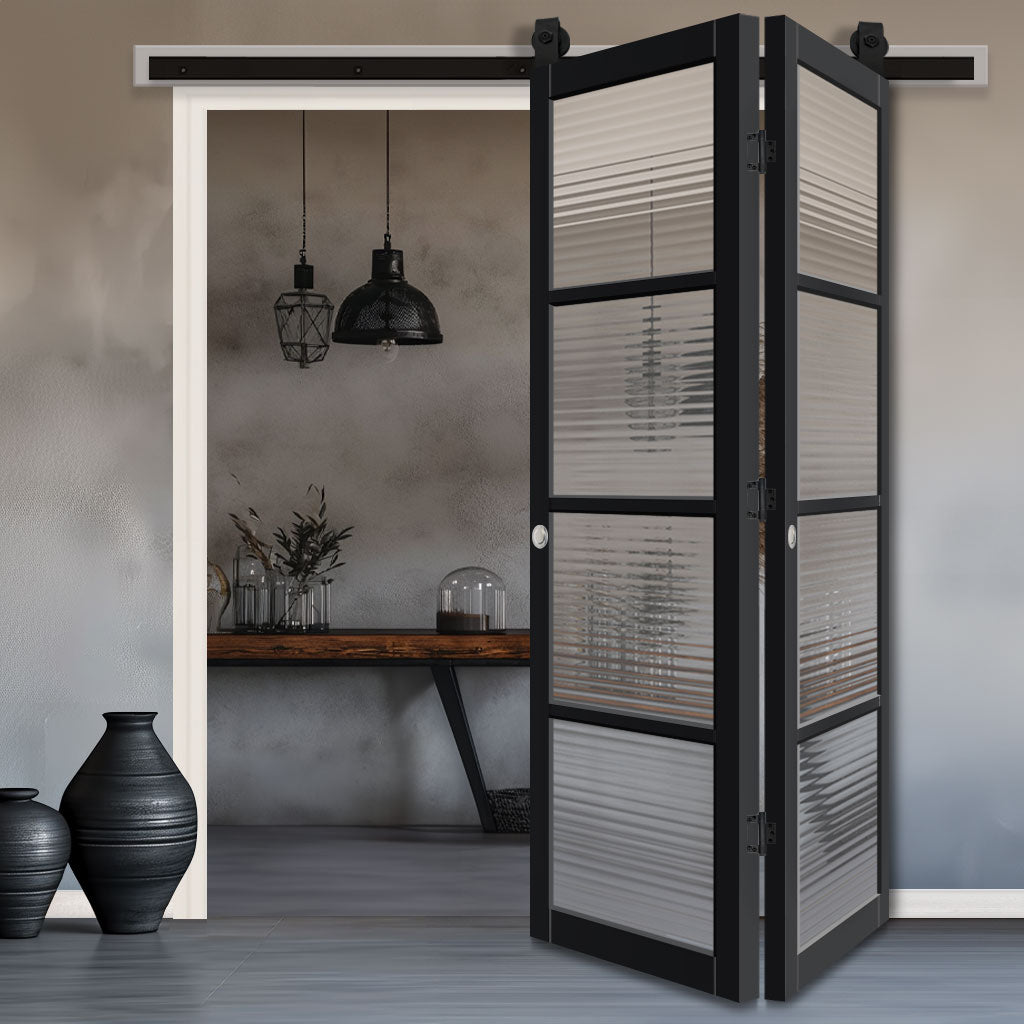 SpaceEasi Top Mounted Black Folding Track & Double Door - Handcrafted Eco-Urban Brooklyn 4 Pane Solid Wood Door DD6308 - Clear Reeded Glass - Premium Primed Colour Options
