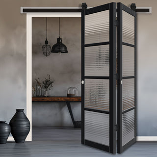 Image: SpaceEasi Top Mounted Black Folding Track & Double Door - Handcrafted Eco-Urban Brooklyn 4 Pane Solid Wood Door DD6308 - Clear Reeded Glass - Premium Primed Colour Options