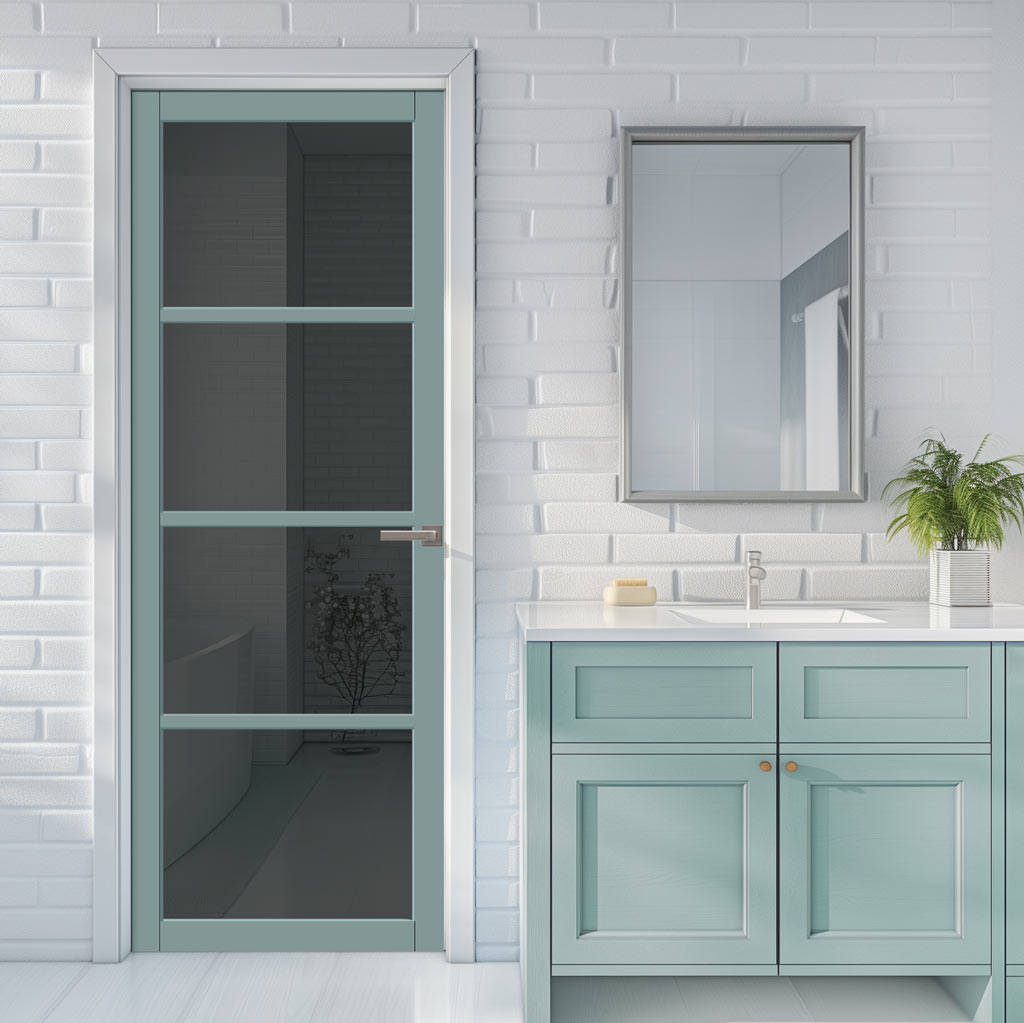 Brooklyn 4 Pane Solid Wood Internal Door UK Made DD6308 - Tinted Glass - Eco-Urban® Sage Sky Premium Primed