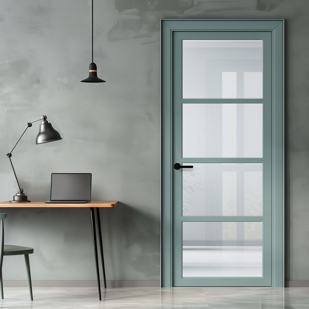 Brooklyn 4 Pane Solid Wood Internal Door UK Made DD6308G - Clear Glass - Eco-Urban® Sage Sky Premium Primed