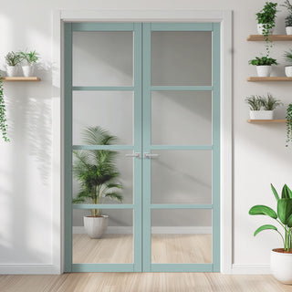 Image: Brooklyn 4 Pane Solid Wood Internal Door Pair UK Made DD6308G - Clear Glass - Eco-Urban® Sage Sky Premium Primed
