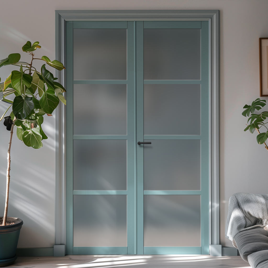 Eco-Urban Brooklyn 4 Pane Solid Wood Internal Door Pair UK Made DD6308SG - Frosted Glass - Eco-Urban® Sage Sky Premium Primed