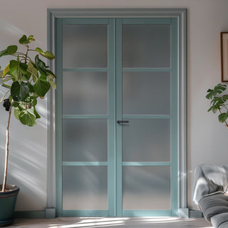 Image: Eco-Urban Brooklyn 4 Pane Solid Wood Internal Door Pair UK Made DD6308SG - Frosted Glass - Eco-Urban® Sage Sky Premium Primed