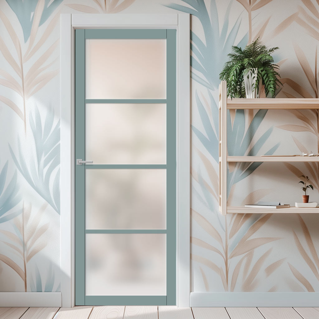 Brooklyn 4 Pane Solid Wood Internal Door UK Made DD6308SG - Frosted Glass - Eco-Urban® Sage Sky Premium Primed