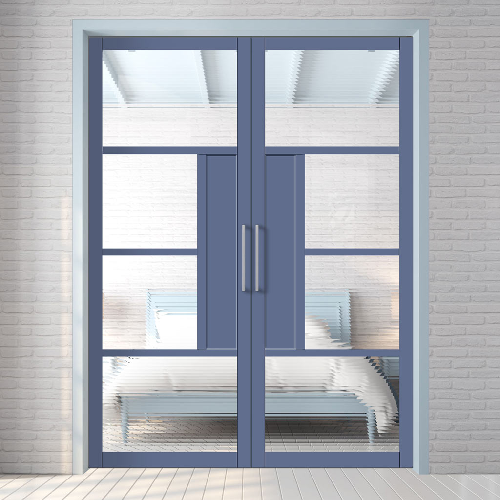 Boston 4 Pane Solid Wood Internal Door Pair UK Made DD6311 - Clear Reeded Glass - Eco-Urban® Heather Blue Premium Primed