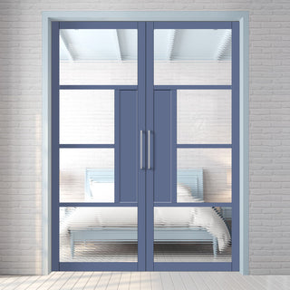 Image: Boston 4 Pane Solid Wood Internal Door Pair UK Made DD6311 - Clear Reeded Glass - Eco-Urban® Heather Blue Premium Primed