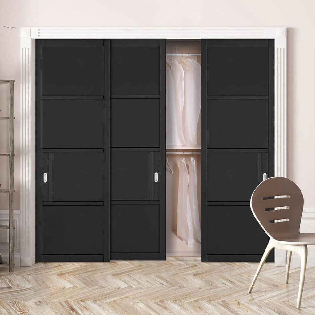 Minimalist Wardrobe Door & Frame Kit - Three Chelsea 4 Panel Black Painted Door - Prefinished